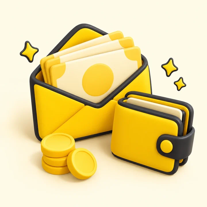 공휴일에 신용카드현금화가 필요할 때 챙길 것들 · 첫 월급 봉투 모양과 새 지갑 3D 그림 | 나이스 24시